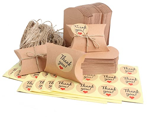 100 STK Geschenkboxen Kleine Geschenkschachteln Faltschachtel Kraftpapier Box Kissen-Form Geschenkkartons Bonbon Kasten Kraftpapiertüten mit Juteschnur Aufkleber für Hochzeit Party Feier Tischdeko