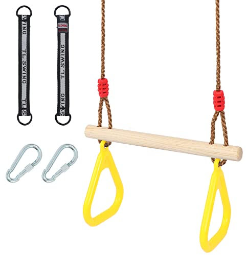 SILVER VALLEY Kids Trapeze Bar with Rings for Climbing Frame Attachment Outdoor Toys for Children, Monkey Bars, Tree Straps Included (Yellow)