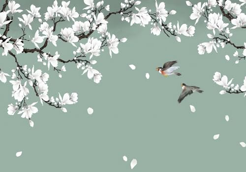 Wesmilewallpapaer Tapete Fototapete 3D Effekt Pflanzen Blumen Vögel Neue Naturkulisse Im Chinesischen Stil 430x300cm Seide Vliestapete Wandbilder Wanddeko Wohnzimmer Schlafzimmer