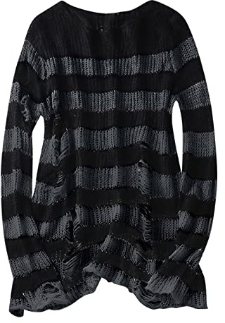 Randig tröja grunge – grovstickad tröja dam lång stickad tröja oversize randig långärmad tröja gotisk punk tröja långärmad tröja flickor tonåring Y2k goth tröja Harajuku aesthetic top, Mörkgrå, En