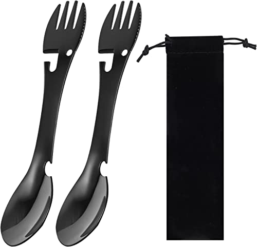 Utility Camping Spork Functional Spork Stainless Steel Spork Outdoor Spoon Fork Bottle Can Opener High Functionality 1 Design for Travel Eating Tool Easy to Store + Cloth Case (Black) (1)