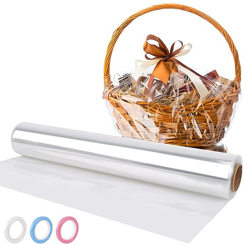 Klare Cellophan Rolle 80cm x 30m Geschenkfolie Transparent mit 3 Bänder, Klares Verpackungspapier für Blume Geschenk und Bastelkorb Verpackung (Gefaltet 40cm)