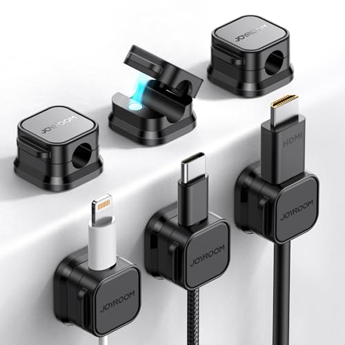 JOYROOM 6 Pack Clips Câble Organisateur de Câbles Magnétique Auto-adhésif Support de Câbles pour Bureau, Table de Nuit, Câbles de Chargement, HDMI, USB, Audio, Noir