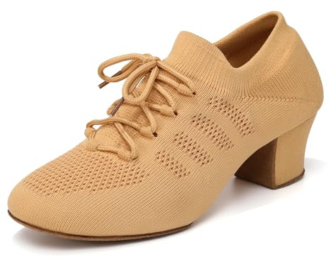 Uonpie Scarpe da Ballo Latino Donna con Tacco Basso Lacci Standard Jazz Salsa Professionali Pratica Scarpe da Ballo Marrone, 38 EU