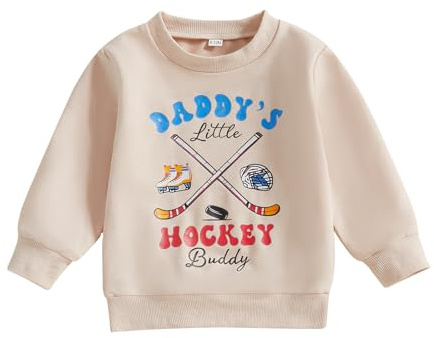 Nibbcoa Toddler Hockey Outfit Baby Boy Girl Daddy’s Little Hockey Buddy Sweatshirt Long Sleeve Pullover Kids Winter Clothes (Khaki, 2-3 Years)
