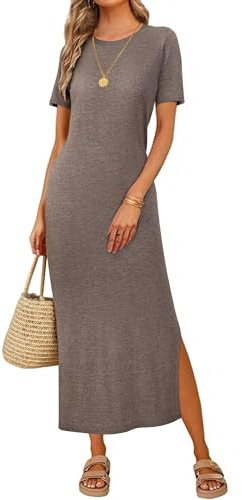 Arach&Cloz Womens Summer Wool Blend T Shirt Maxi Dress 2026 Spring Casual Short Sleeve Crew Neck Slit Fashion Sweater Knit Long Dresses Trendy Travel Vacation Outfits Coffee XL