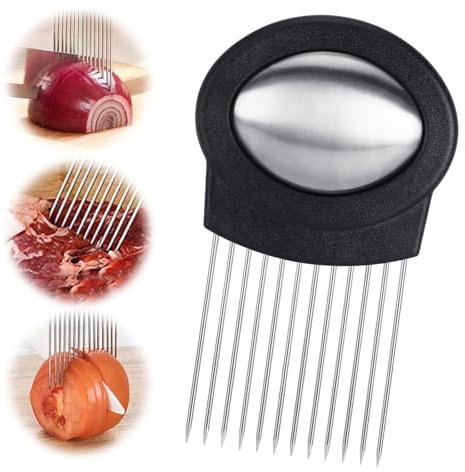 Zikenis Porta fette di cipolla in acciaio inox,Forchetta Affettare per Cipolle, Multifunzionale Per Fette Di Cipolla Strumenti,Utensile Ausiliario per il Taglio di Verdura e Futta (Nero)