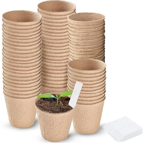 WY8 Lot de 100 pots de semis ronds biodégradables en fibre organique de 8 cm pour la culture des plantes - Conteneurs compostables faciles à transplanter - Idéal pour le jardin et la serre - Avec 10