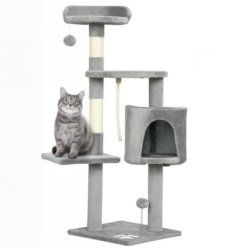 PawHut Arbre à Chats Multi-équipements griffoirs grattoirs Plateformes Niche Corde Jouets 40L x 40l x 114H cm Gris