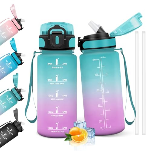 HoneyHolly 500ml BPA-fri vattenflaska med sugrör, återanvändbar, läckagesäker, motiverande för skola, gym, kontor, löpning