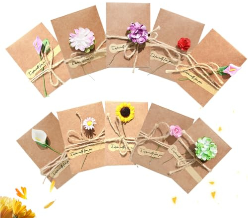LQIOACU 10 Pezzi Biglietto Di Auguri Cartolina Buste, Buste Regalo, Retrò Busta Carta Kraft Invito, Fiori Secchi Confezione da Biglietto Auguri Compleanno, per Matrimonio Compleanno Natale