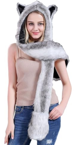 ITODA Women Hooded Scarf Hat 3 in 1 Faux Fur Hat Scarf Gloves Wolf Animal Cosplay Hats Thermal Winter Hats Full Hood Cap Warm Hooded Ear Flaps Long Scarves Xmas Birthday Gifts