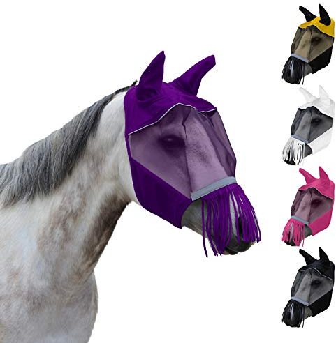Derby Originals Máscara reflectante de seguridad para caballo con orejas y flecos de nariz (morado, caballo completo)