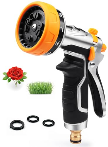 Onarway Garden Hose Spray Gun: Heavy Duty Metal Nozzle with Solid Brass Fittings for Leak-Proof Seal - 10 Patterns & Thumb Control for Continuous, Fatigue-Free Watering of 100+ Potted Plants & Lawns