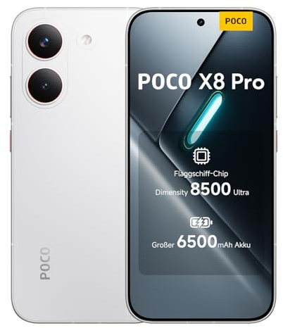 XIAOMI Poco X8 Pro Smartphone 12GB+512GB, Handy mit Android, Dimensity 8500-Ultra Prozessor, 6500mAh Akku, Ultra-helles AMOLED Display, 50MP Sony IMX882 Hauptkamera mit OIS, Weiß, 3 Jahre Garantie