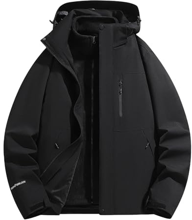 Giacca a vento da uomo e da donna, invernale, 3 pezzi, rimovibile, set da 2 pezzi, tuta da alpinismo, giacca in pile per la caccia, Nero , 4XL