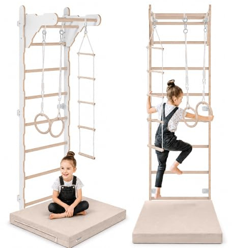 MAMOI Barra de gimnasia para niños (210 cm), escalera de entrenamiento montada en la pared, escalera de cuerda para niños, parque infantil de madera para casa, anillos de gimnasia, 100% ecológico