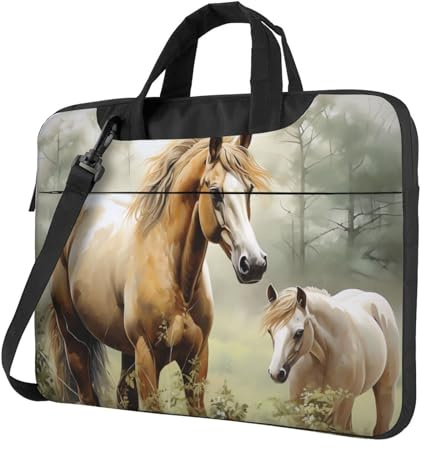 Sacoche pour ordinateur portable homme/femme, broderies animaux, chevaux, bandoulière avec poignée, légère.
