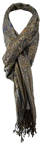 TigerTie Designer Schal in blau gold schwarz gemustert mit Fransen - Gr. 180 x 50 cm