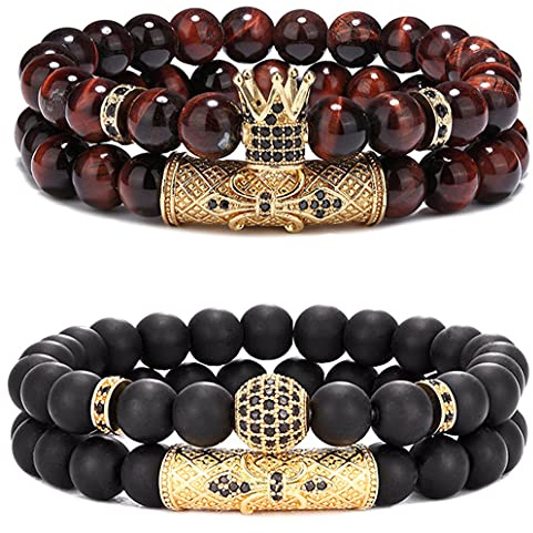 SAMOCO 4 Pcs 8mm Crown King Bracelets for Men Women Tiger Eye Black Matte Onyx Cool Natural Stone Beads Bracelets Set