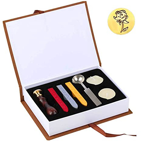 Wax Seal Stamp Kit, 7 Pieces Wax Seal Stamp Vintage Sealing Wax Set, Classical Old-Fashioned Antique Wax Stamp Seal Kit, Gift Box with Vintage Wooden Handle and Brass Color Head, Rose Pattern