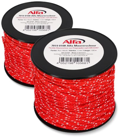 2X Alfa Maurerschnur Rot 100 m Länge Ø 2,0 mm Profi-Qualität Polypropylen rund geflochten Reißfest & Belastbar Richtschnur Bauschnur Lotschnur Pflasterschnur