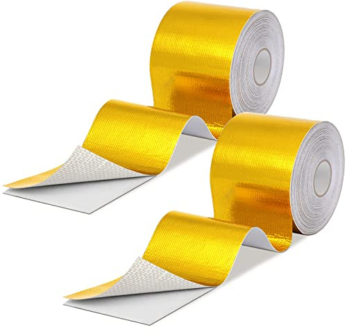 Zonon 2 Rolls Aluminum Foil Tape Heat Shield Tape Barrier Adhesive Reflective Fiberglass Thermal Insulation Reflective Material High Temp Protection(Gold,2 Inch X 65.6 ft)
