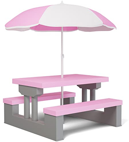 Spielwerk® Set Tavolo e 2 Panche per Bambini con Ombrellone da Giardino Sistema a Incastro in Plastica ABS Rosa Sedie Picnic Esterno Cameretta Interno Bimbi Giochi
