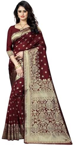 Sugathari Banarasi Saree Pure Kanjivaram silke sari mjuka nya damer 2023 designkläder Pattu Sarees senaste bomullsfest sari kollektioner med blusstycke för bröllop sadi (SAM PARI-100), Rödbrun, One