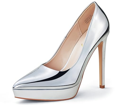 Zhabtuc Escarpins à Plateforme Classiques à Talons Aiguilles pour Femme - Chaussures de Mariage à Bout Pointu, Argent, 39 EU