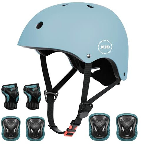 XJD Casque Vélo Enfant Sets de Protection Enfant de 3-13 Ans Genouillères Coudières Protège-Poignets Réglables Kit de Protection Filles Garçons Rollers Skate Trottinette Skateboard (Dusty Blau, M)
