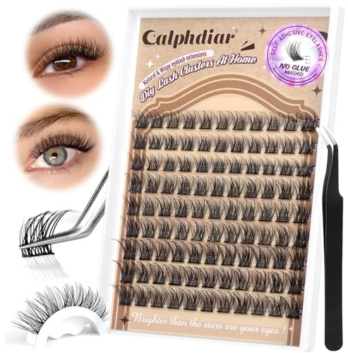 Calphdiar Self Adhesive Eyelashes Reusable Self Adhesive Cluster Lashes Kit Natural Self Adhesive Lashes No Glue Individual Eyelashes C Curl Press on Lash Clusters 10-14MM DIY Eyelash Extensions