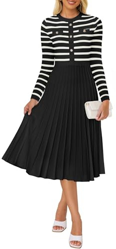 ZESICA Robe midi plissée à Manches Longues et col Rond en Tricot côtelé avec Boutons pour Femme, Noir, Taille S