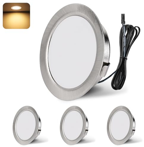 YindaLux Inbyggd spotlight LED 12 V 3 000 K varmvit LED-spotlight dimbar 3 W LED infällbara spotlights 55–58 mm hålstorlek infälld belysning för husbil, kök, garderob aluminium nickel 4-delat set
