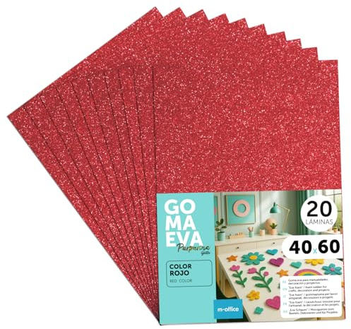 m-office Fogli di Gomma Eva Colorata Glitterata, Gomma Crepla per Scrapbooking, Scuola, Cartoncini Creativi, Lavoretti, Torte Scenografiche, Scuola o Progetti Artistici 40x60cm (Rosso, 20uds)