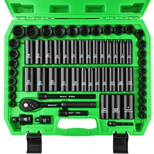 3/8 Drive Impact Socket Set 64-Piece, Deep & Shallow SAE (5/16-1) & Metric (6-24mm), with 3/8-Inch Ratchet Handle, 6 Points,Cr-V, Extension Bars, Universal Joint, Gift for Men
