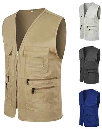 Chaleco de pesca para hombre, estilo safari, con cremallera, con múltiples bolsillos, para verano, trabajo, fotos, etc, Chalecos de pesca negros para hombre, XL