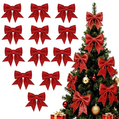 12 PCS Arcs de Noël Pailletés, Pailleté Nœuds Papillons, Noeuds de Noel, Arcs de Noël pour Décorations de Sapin, Couronnes, Guirlandes et Emballage Cadeau
