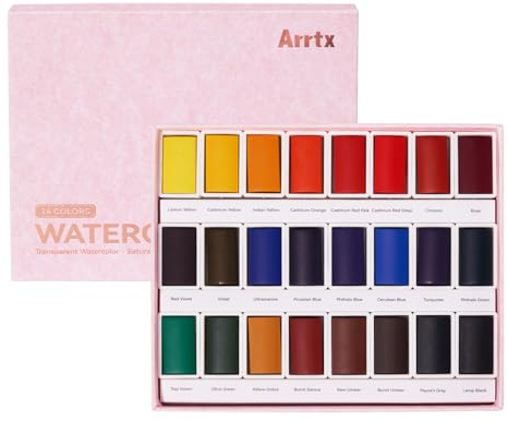 Arrtx Watercolor Paint Set, 24 Full Pans with Vibrant Colors - Non-Toxic, Lightfast Professional Art Supplies Ideal for Sketching, Illustration & Travel Use