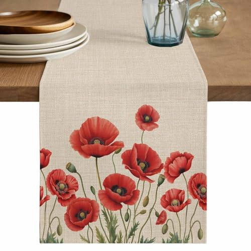 Flowers Table Runner 72 Inches Long Red Opium Poppy Flowers Vintage Linen Coffee Table Runner Retro Rustic Style Kitchen Dining Table Decoration for Indoor Outdoor Home Party Holiday 16 x 72 Inch