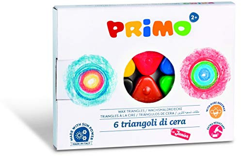 PRIMO - Pastelli a Cera Colorati con 6 Colori per Bambini +3 Anni a Triangolo Resistenti e Durevoli, Pastello dal Colore Intenso per Cartoleria e Lavoretti Creativi per Bambini, non Sporca le Mani