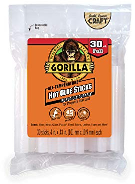 Gorilla Hot Glue Sticks, Full Size, 4 Long x .43 Diameter, 30 Count, Clear, Bonds: Wood, Metal, Glass, Plastic, Floral, Fabric, Leather, Foam, and More (Pack of 1 with 30 Glue Sticks)