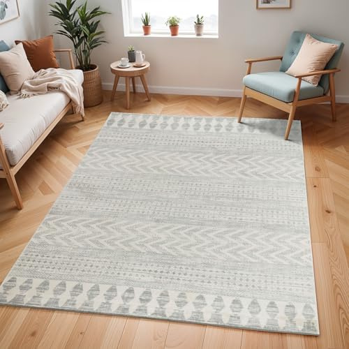 Surya Oslo Teppich Wohnzimmer Boho, großer Teppich Schlafzimmer 200x274 cm - Teppich für Esszimmer mit geometrischem Muster, Skandinavischer Wohnzimmerteppich modern in Grau und Elfenbein