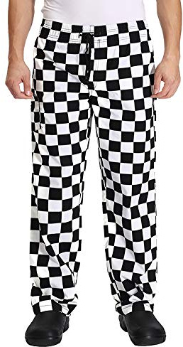 Men’s Black and White Checkerboard Print Chef Pants with Elastic Waist Drawstring Baggy Chef Uniforms BigPlaid L