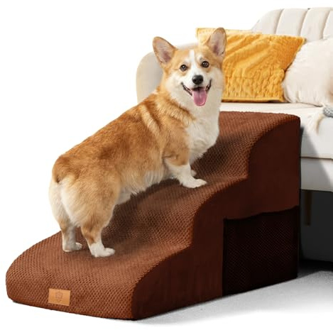 Masthome Dog Steps for Sofa,3-Step Waterproof Dog Stairs for Sofa,Dog Ramp with Removable Cover,Non-slip Pet Step for Indoor,High Density Foam Pet Stairs for Small Dogs and Cats,60x40x40 cm,Brown