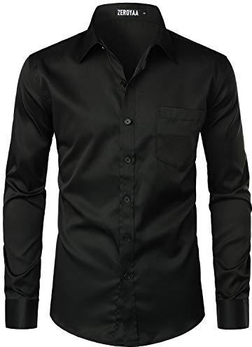 ZEROYAA Men's Urban Stylish Casual Business Slim Fit Long Sleeve Button Up Dress Shirt with Pocket ZLCL29 Black Large