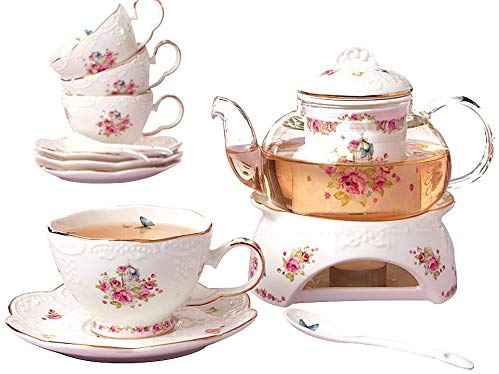 Eplze YBK Tech Tee-Set für 4 Personen, Knochenporzellan, Kaffeekanne, Teekanne, Tasse und Untertasse, Set mit Stövchen und Tee-Ei, Blumen-Design