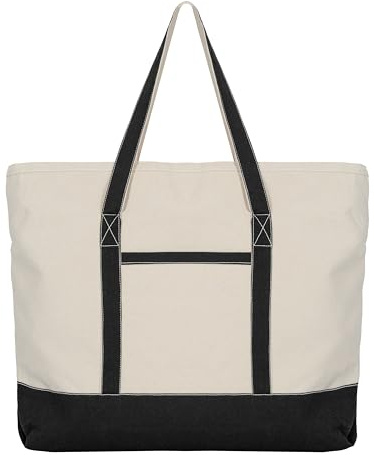 Extra Large Canvas Tote Bags with Zipper - 22 Inches Heavy Duty, Premium Zippered Tote Bag - Zip Top, 100% Organic Cotton, Sturdy, Washable Large Tote Bags - Multipurpose Shopping Bag