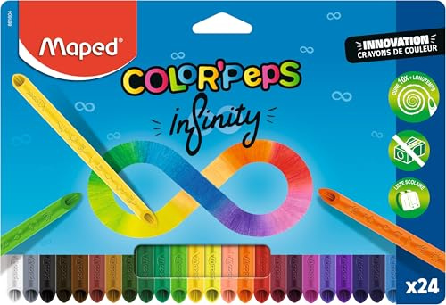 Maped - Crayons de Couleur Color'Peps Infinity - 100% Mine, 100% Utilisable - Zéro Déchet - Sans Taillage - Dure Très Longtemps - Forme Triangulaire Ergonomique - Pochette de 24 Crayons