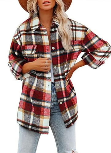 Rayson Camicia Donna a Quadri Invernale con Risvolto Elegante Casual Cappotto Corto Donna Tartan Coat Cappotti Scozzese Colorati(Rosso, L)
